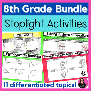 Preview of 8th Grade Math Bundle of Stoplight Activities Algebra and Geometry Worksheets