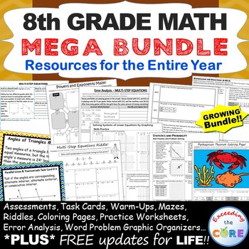 8th Grade Math COMMON CORE BUNDLE Assessments, Warm-Ups, Task Cards, Worksheets