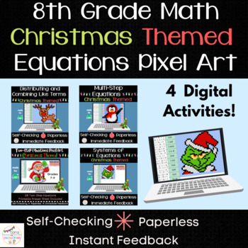 Preview of 8th Grade Math - Christmas Pixel Art Review Bundle - Equations Standards