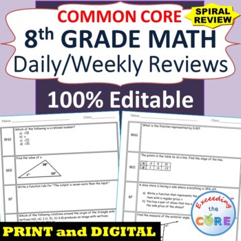 Preview of ⭐8th Grade SPIRAL MATH REVIEW Common Core | Distance Learning | Google Classroom