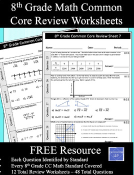 Preview of 8th Grade Math Common Core Review Worksheets