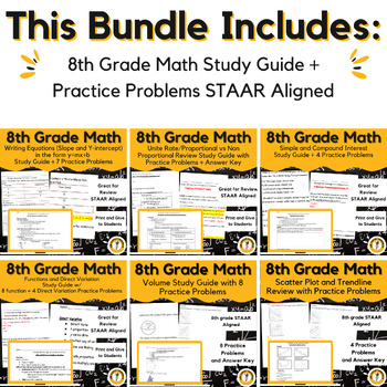 Preview of 8th Grade Math Curriculum Study Guides + Practice Problems (STAAR Aligned)