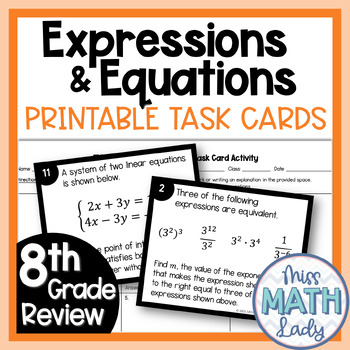 Preview of 8th Grade Math End Of Year Review -  Expressions & Equations Task Card Activity