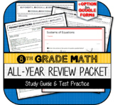 8th Grade Math Review End of Grade Test Packet and Study Guide