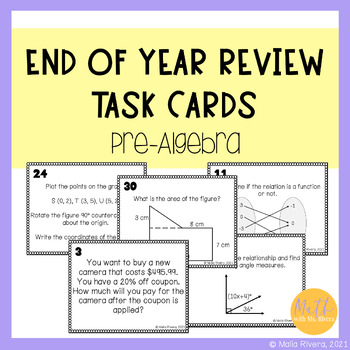 Preview of 8th Grade Math Pre Algebra End of Year EOY EOC Review & Test Prep Task Cards