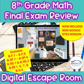 Preview of 8th Grade Math End of Year Final Exam Review Digital Escape Room