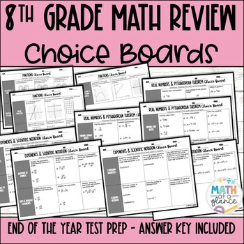 Preview of 8th Grade Math End of Year Review | No Prep Test Prep Activity Choice Board