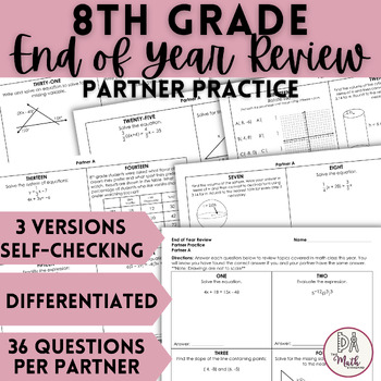 Preview of 8th Grade Math End of Year Test Prep Review Partner Practice Activity
