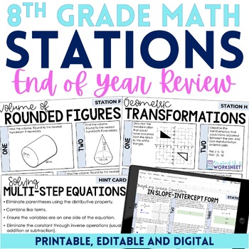Preview of End of Year 8th Grade Review Math Stations | End of Year Math Activity