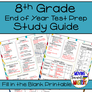 Preview of 8th Grade Math End of Year Review Test Prep Study Guide