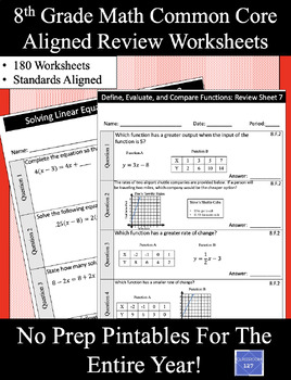 Preview of 8th Grade Math Entire Year Spiral Review Worksheets