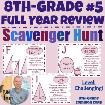 Preview of 8th-Grade Math Full Year Review Scavenger Hunt Activity #5 (Challenging)