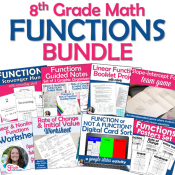 Preview of 8th Grade Math Functions Resources - Notes, Activities, and Posters