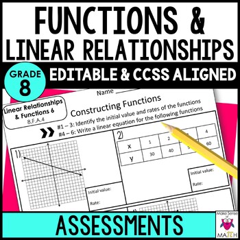 Preview of Linear Relationships & Functions Assessments 8th Grade Math Common Core EDITABLE