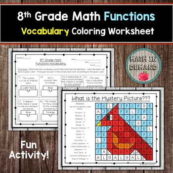 8th grade math functions vocabulary coloring worksheet by math in demand