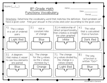 8th Grade Math Functions Vocabulary Coloring Worksheet by Math in Demand