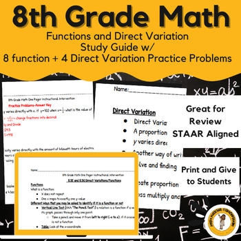 Preview of 8th Grade Math Functions and Direct Variation Study Guide + Practice Problems