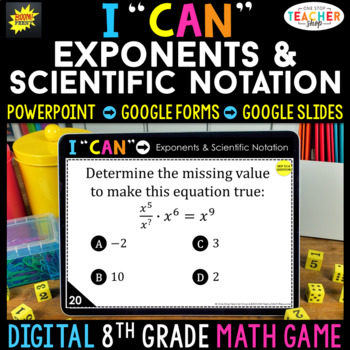 Preview of 8th Grade Math Game DIGITAL Exponents & Scientific Notation | Distance Learning