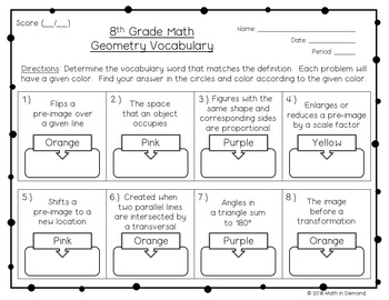 8th grade math geometry vocabulary coloring worksheet by math in demand