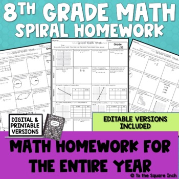 Preview of 8th Grade Math Homework | Spiral Format & Editable | Full Year | Digital Version