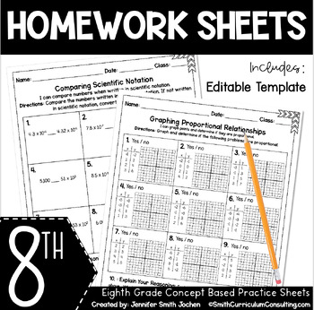 Preview of 8th Grade Math Homework Sheets for Full Year EDITABLE Template Practice Sheets