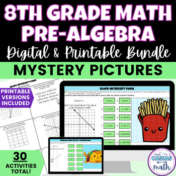 Preview of 8th Grade Math Mystery Picture Digital Activities and Worksheets BUNDLE