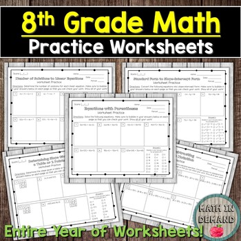 Preview of 8th Grade Math Practice Worksheets (Entire Year of Worksheets)