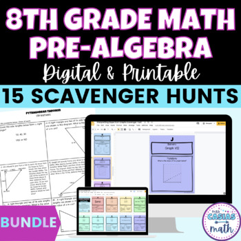 Preview of 8th Grade Math Pre-Algebra Activities Scavenger Hunts Digital Printable BUNDLE