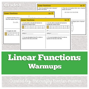 Preview of Warmups: Linear Functions: 8th Grade Math (Common Core Standards)