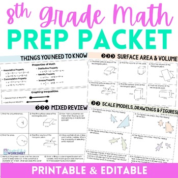Preview of 8th Grade Math Summer Prep Packet | 7th Grade Math Review Skills