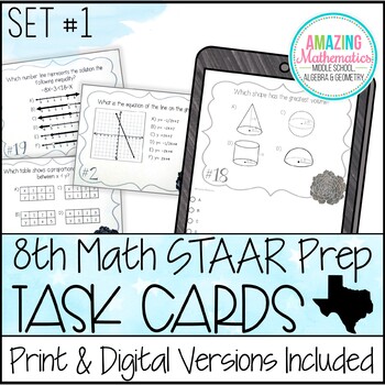 Preview of 8th Grade Math STAAR Review & Prep - Task Cards Set #1 - PDF & Digital