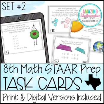 Preview of 8th Grade Math STAAR Review & Prep - Task Cards Set #2 - PDF & Digital