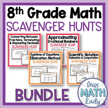 Preview of 8th Grade Math Scavenger Hunt Bundle with Various Math Skills