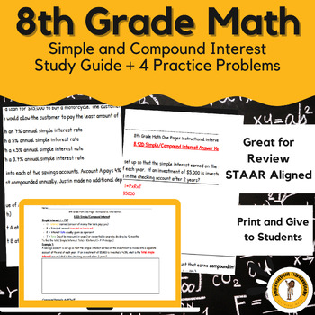 Preview of 8th Grade Math Simple and Compound Interest Study Guide + Practice Problems