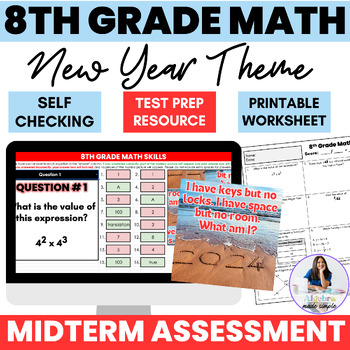 Preview of 8th Grade Math Skills Midterm Assessment New Year Eve Theme Digital Exam Google