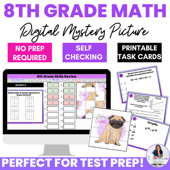 Preview of 8th Grade Math Skills Review Digital Task Cards Activity Mystery Picture Puzzle