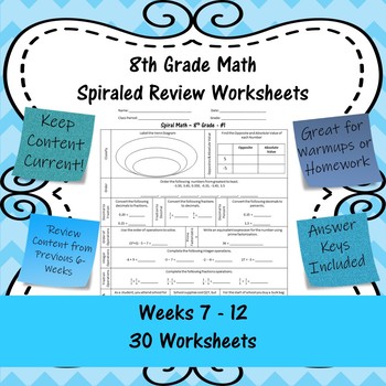 Preview of 8th Grade Math Spiraled Review Worksheets - #31 - #60 - Weeks 7 - 12