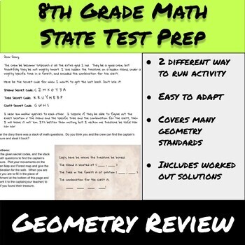 Preview of 8th Grade Math State Test Prep-Geometry Review-Pirate's Treasure