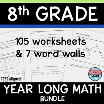 Preview of 8th Grade Math Review Worksheets / Guided Notes / Homework YEAR-LONG Bundle