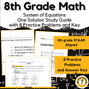 Preview of 8th Grade Math Systems of Equations (One Solution) STAAR Aligned Study Guide