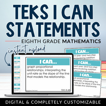 Preview of 8th Grade Math TEKS I Can Statements Digital + Editable Agenda Slides
