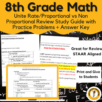 Preview of 8th Grade Math Unit Rate/Proportional vs Non Proportional Study Guide (Review )