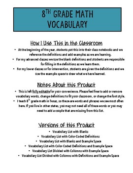 Preview of 8th Grade Math Vocabulary for Notebooks - Fully Editable - Over 150 Words