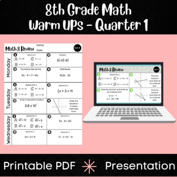 Preview of 8th Grade Math Warm Ups - Print and Presentation - Quarter 1 - EE Standards