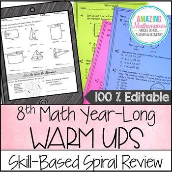 Preview of 8th Grade Math Warm Ups / Bell Ringers- Year Long & Topic Based w/ Spiral Review