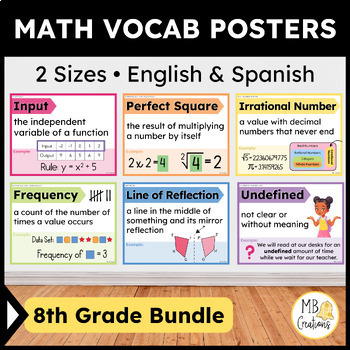 Preview of 8th Grade Math Word Wall Posters English/Spanish CCSS Vocabulary + iReady Banner