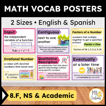 Preview of 8th Grade iReady Math Banners Eng/Spanish Word Wall 8.F, NS Vocabulary - Vol 1