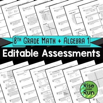 Preview of 8th Grade Math & Algebra 1 Editable Paper Assessments