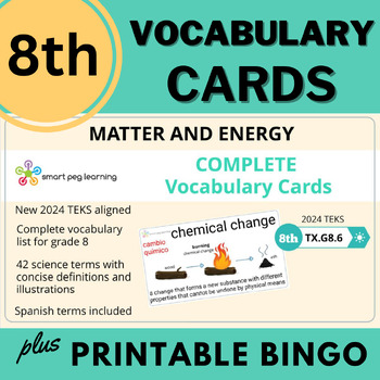 Preview of 8th Grade Matter and Energy Vocabulary Cards | English & Spanish