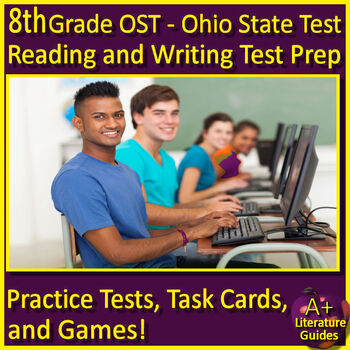 Preview of 8th Grade OST Ohio State Reading and Writing Practice Tests, Task Cards and Game